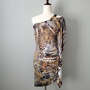 Symphony Leopard & Chains Sexy One Shoulder Dress, Size Small